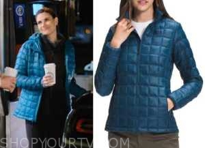 Chesapeake Shores: Season 6 Episode 3 Abby's Blue Grid Quilted Jacket ...