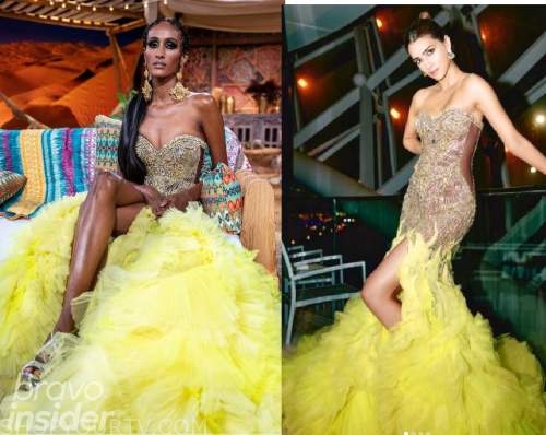 Paul and Joe Ready to Wear Spring Summer American model Chanel Iman wearing  single shoulder short yellow drape dress, black Stock Photo - Alamy