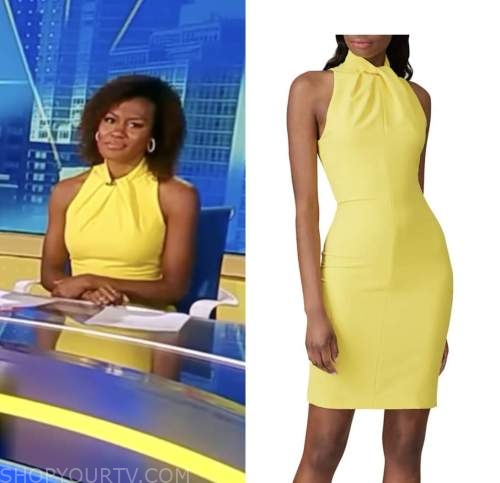 janai norman, yellow halter sheath dress, good morning america