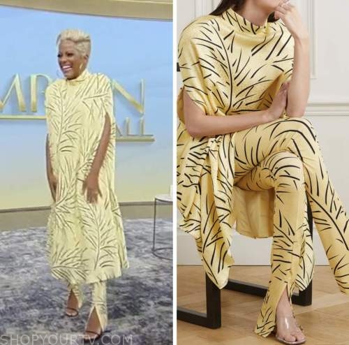 tamron hall, tamron hall show, yellow leaf print cape top and pants, premiere