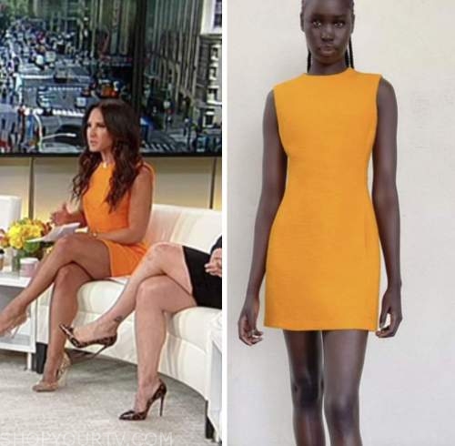 Emily compagno, outnumbered, orange tweed dress