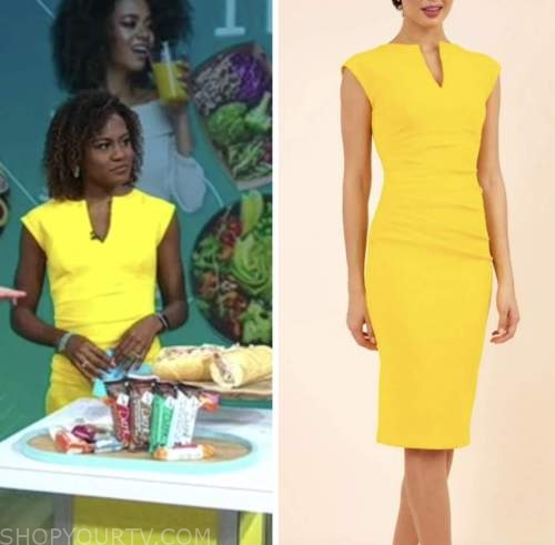 janai norman, good morning america, yellow sheath dress