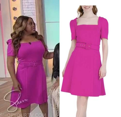sherri, sherri shepherd, pink square neck belted dress