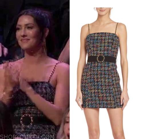 becca kufrin, the bachelorette, tweed chain strap belted mini dress
