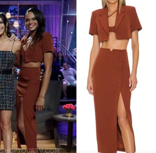 Michelle young, the bachelorette, rust jacket, bra top, and skirt