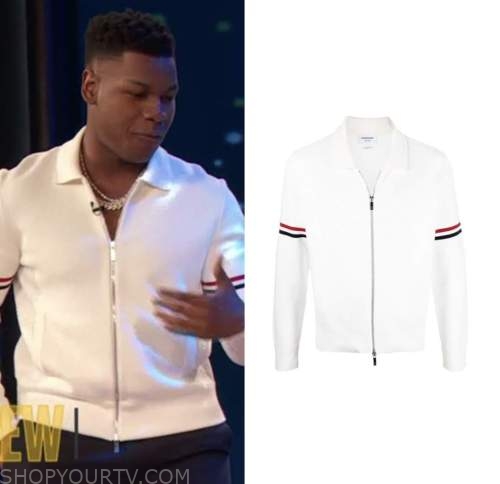 drew barrymore show, John boyega, white stripe zip-front sweater cardigan