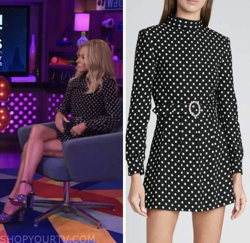 wwhl, Kelly Ripa, black polka dot mini dress