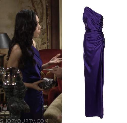 Allie nguyen, Kelsey wang, the young and the restless, purple satin one-shoulder dress gown