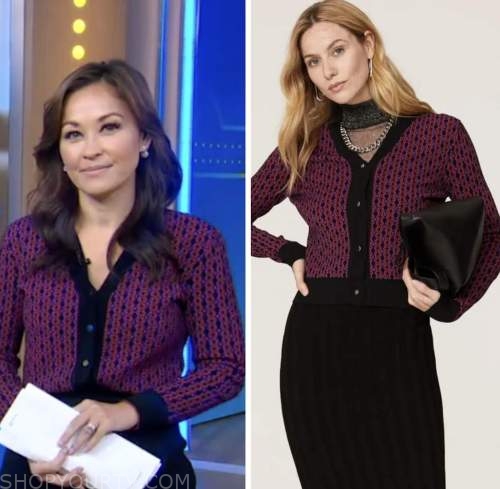good morning america, purple geometric cardigan sweater, Eva pilgrim
