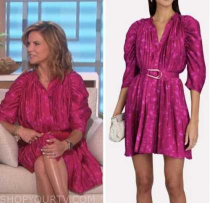 The Talk: October 2022 Natalie Morales's Pink Satin Floral Belted Dress ...