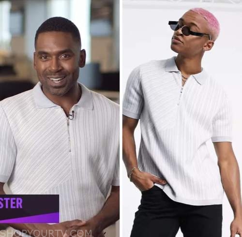 Justin sylvester, e! news, nightly pop, blue striped polo shirt