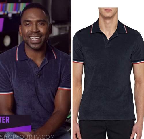E! news, nightly pop, Justin sylvester, blue Terry polo shirt