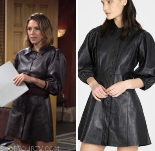 Elizabeth Hendrickson, Chloe Mitchell, black leather shirt dress, the young and the restless