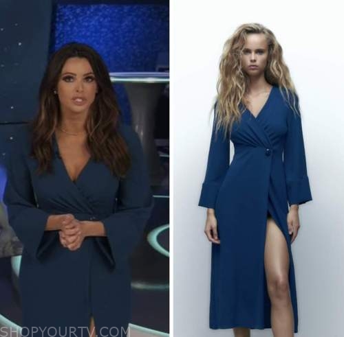 extra, Jenn lahmers, blue wrap midi dress
