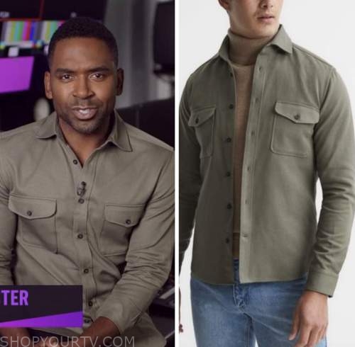 Justin sylvester, E! news, nightly pop, khaki green shirt