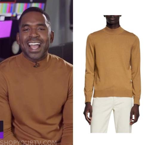 Justin sylvester, E! news, nightly pop, brown mock neck sweater