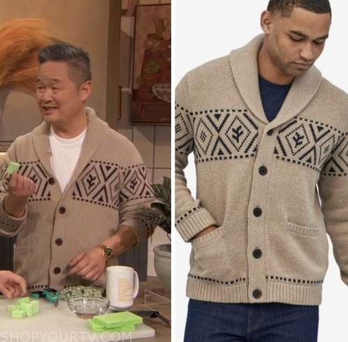 Danny seo, drew barrymore show, beige shawl collar cardigan sweater