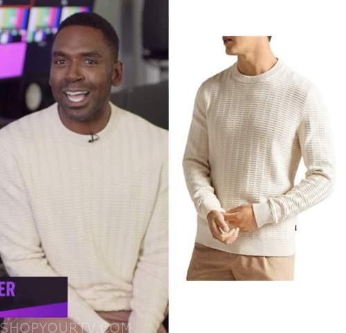 Justin sylvester, ivory white textured sweater, E! news, nightly pop