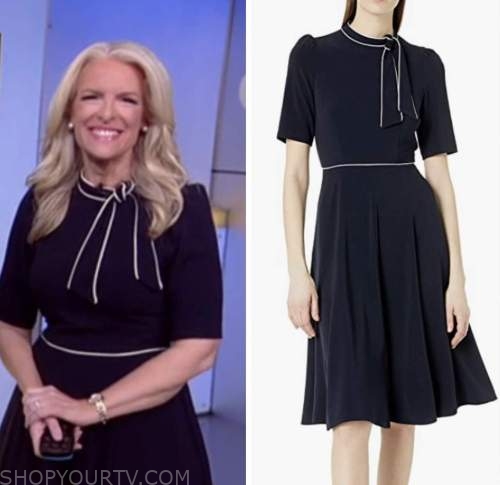 fox and friends, Janice dean, navy blue contrasts trim tie neck dress