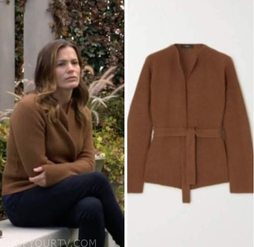 the young and the restless, chelsea newman, melissa claire egan, brown tan cardigan sweater