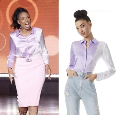 the jennifer hudson, jennifer hudson, purple colorblock silk shirt