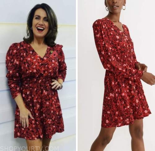good morning britain, red floral animal print dress, susanna reid