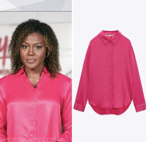 good morning america, pink satin shirt, janai norman