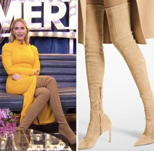 emily blunt, tan suede over the knee boots, good morning america