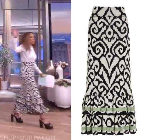 sunny hostin, the view, jacquard ruffle midi skirt