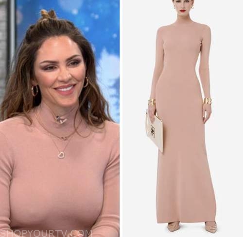katharine mcphee, cbs mornings, pink turtleneck dress, hoop earrings, heart necklace