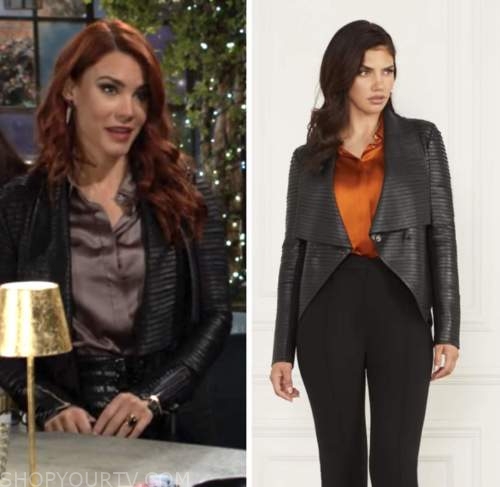 sally spectra, courtney hope, the young and the restless, black drape leather jacket