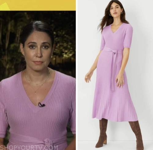 cecilia vega, good morning america, purple ribbed knit sweater dress