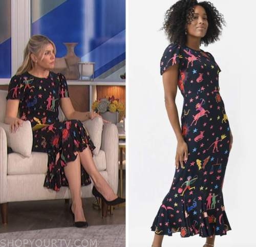 The Talk: November 2022 Amanda Kloots's Black Zodiac Printed Midi Dress ...