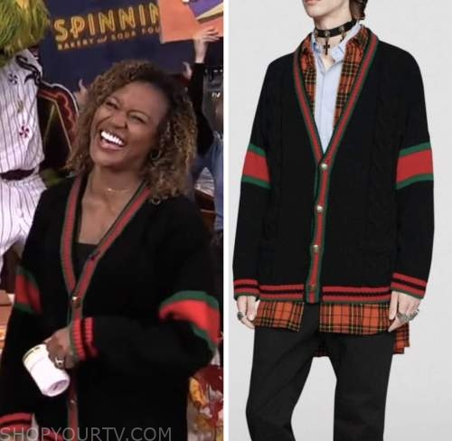janai norman, black contrast trim cardigan sweater, good morning america
