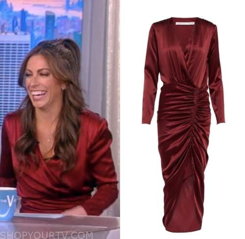 The View: November 2022 Alyssa Farah Griffin's Red Satin Wrap Midi ...