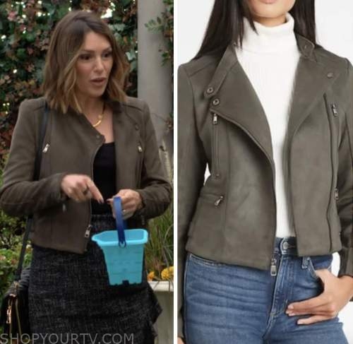 the young and the restless, green suede biker jacket, chloe mitchell, elizabeth hendrickson