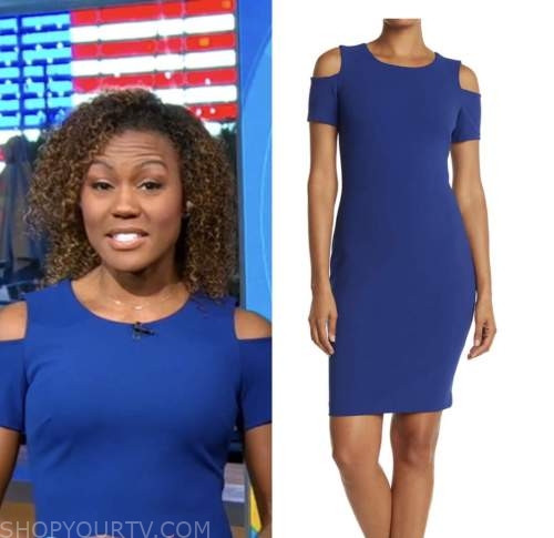 janai norman, blue cold shoulder dress, good morning america