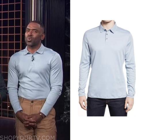 E! news, justin sylvester, pale blue polo shirt