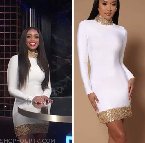 Francesca Amiker, E! news, white and gold embellished trim dress