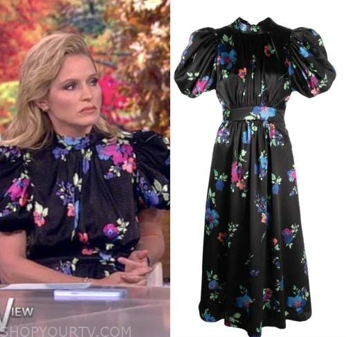 the view, black floral puff sleeve dress, sara haines