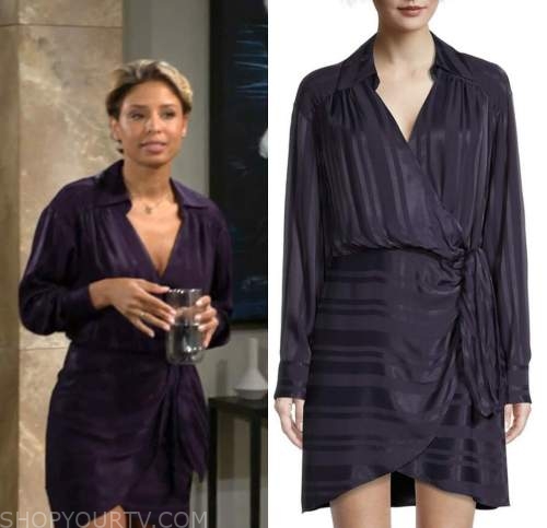 elena dawson, brytni sarpy, the young and the restless, navy blue satin stripe wrap dress