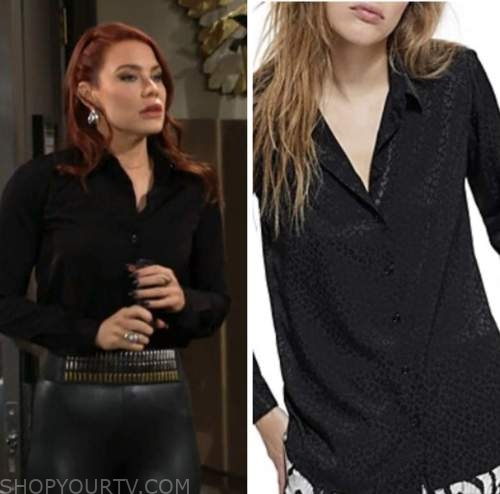 the young and the restless, black jacquard blouse, studded belt, sally spectra, courtney hope, the young and the restless