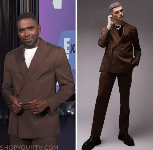 justin sylvester, E! news, brown wrap jacket and pant suit