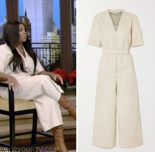 janelle james, live with kelly and ryan, beige leather jumpsuit