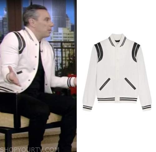 Sebastian Maniscalco, live with kelly and ryan, white varsity jacket