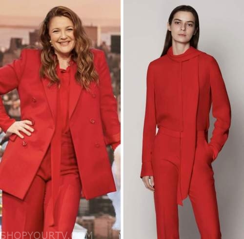 drew barrymore, drew barrymore show, red tie neck blouse