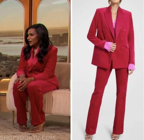mindy kaling, drew barrymore show, pink velvet blazer and pant suit