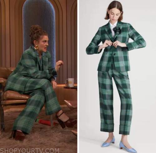 drew barrymore, drew barrymore show, green plaid blazer and pant suit