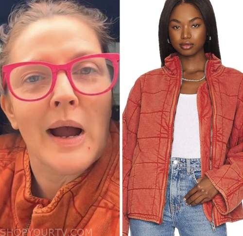 drew barrymore, drew barrymore show, orange quilted jacket