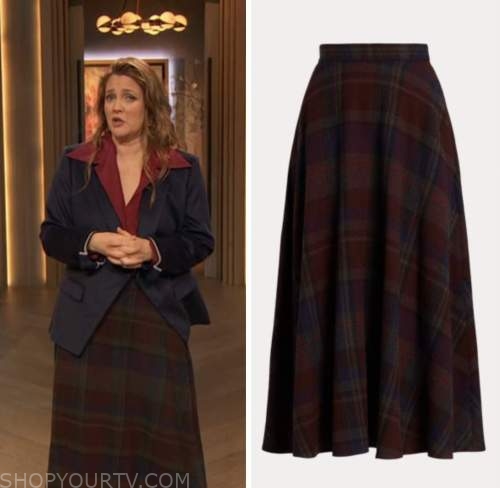 drew barrymore, drew barrymore show, plaid wool midi skirt